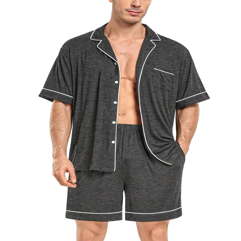 DIKFA Mens Pajamas Set Sleepwear Short Sleeve Nightwear Birde Gifts Button Down Pjs Casual Loungewear Set Deep Grey