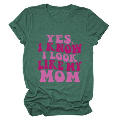 ZLXBLYYMZ Mom Shirts for Women Yes I Know I Look Like My Mom Funny Sayings Short Sleeve Mama T-Shirt Casual Crewneck Tops Vintage Green, Medium