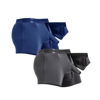 BMYALLEI Men's Boxers Briefs Redundant Prepuce Front Open Breathable Bulge Boxer Briefs Separated Pouch Trunks (US, Alpha, 4X-Large, Regular, Regular, Gentlman Grey+Blue)