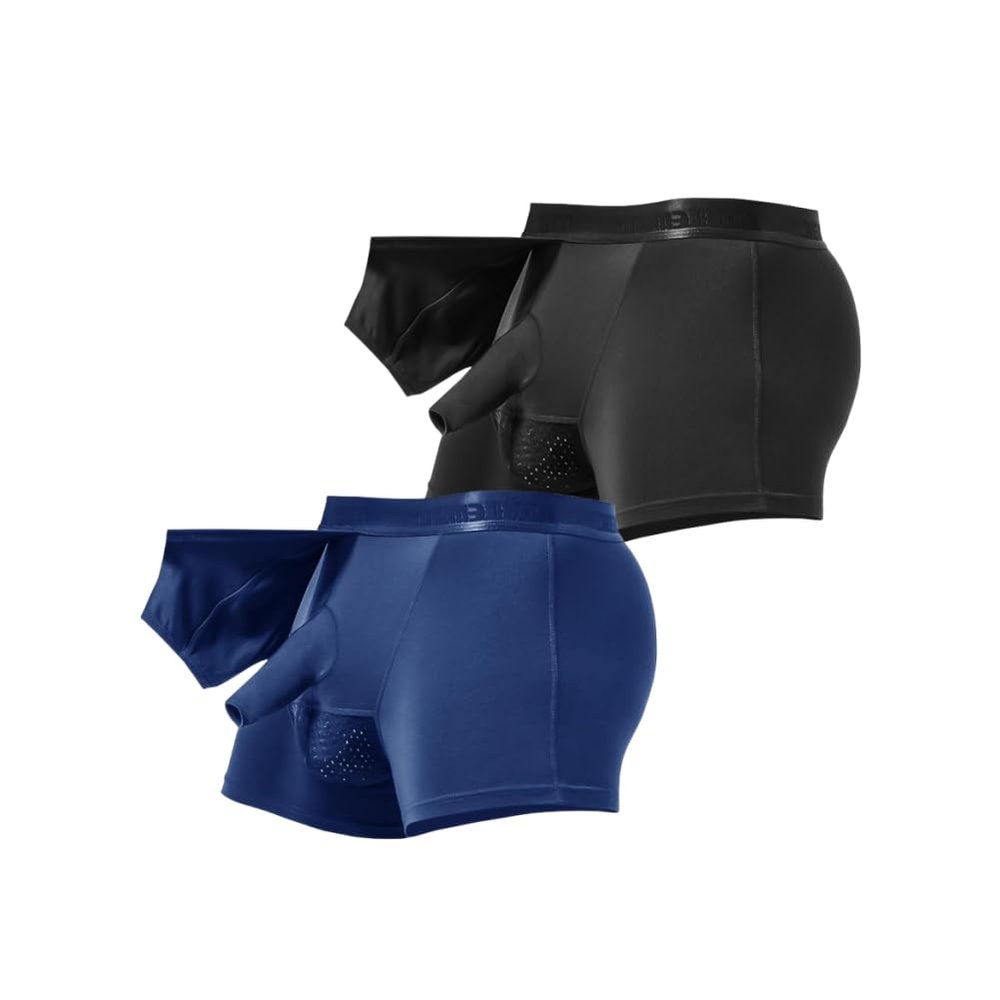 BMYALLEI Men's Boxers Briefs Redundant Prepuce Front Open Breathable Bulge Boxer Briefs Separated Pouch Trunks (US, Alpha, X-Large, Regular, Regular, Gentlman Black+Blue)