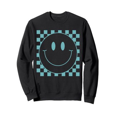 Cute Blue Checkered Smile Face Peace Smiling Happy Face Boy Sweatshirt, Adult Unisex, Black, Large
