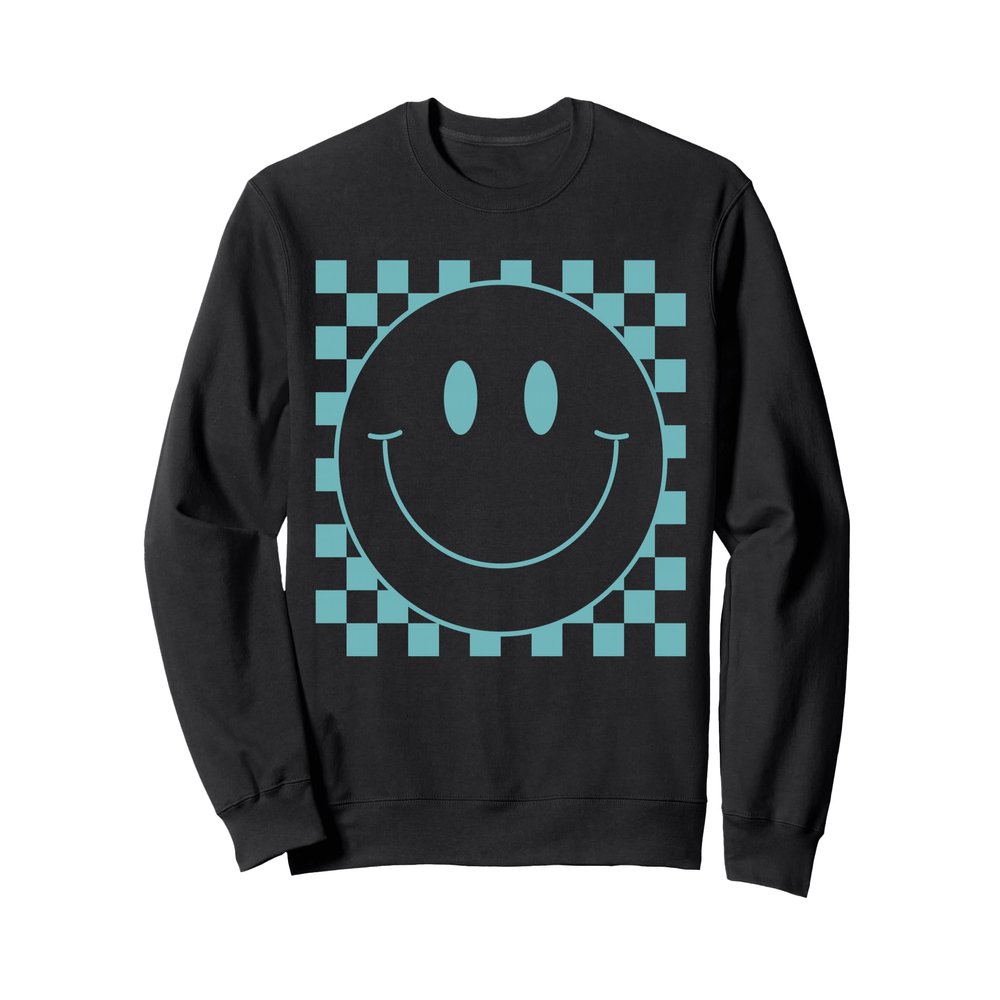 Cute Blue Checkered Smile Face Peace Smiling Happy Face Boy Sweatshirt, Adult Unisex, Black, Large