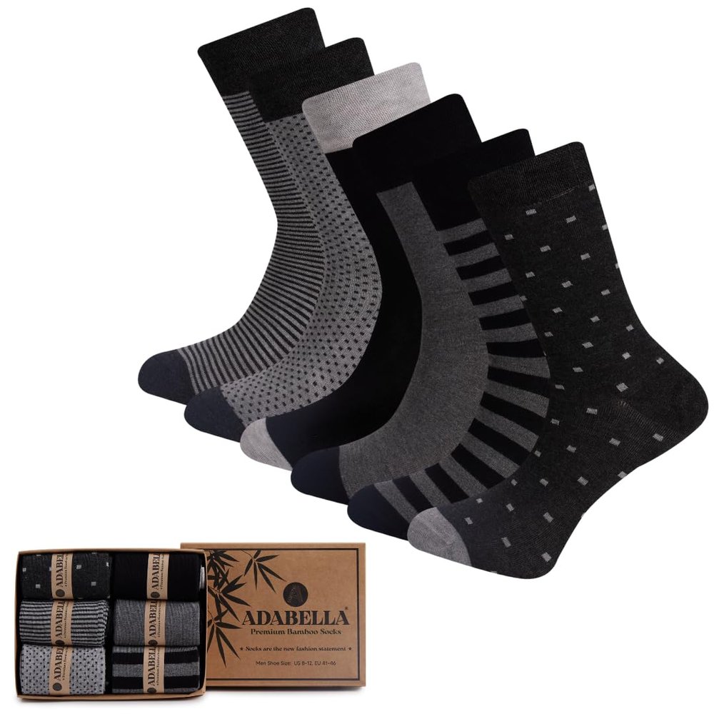 Adabella Mens Bamboo Rayon Dress Socks 6 Pack Gift Box Soft Breathable Moisture-Wicking Thin Socks Size 8-12 (Rayon, Shades of Black)