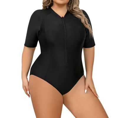 IMEKIS Plus Size Rash Guard for Women: Bathing Suit Modest One Piece Rashguard Swimsuit Boyleg Unitard UV Protection Swimwear Surfing Athletic Wetsuit Swim Body Suits Black 16