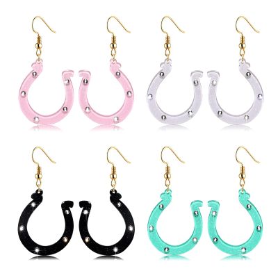 FAERLIIRY Derby Earrings Horseshoe Earrings for Women Derby Day Dangle Earrings Western Kentucky Derby Race Day Earrings Horse Racing Fan Jewelry Horse Racing Accessories, Pink & White & Blue & Black