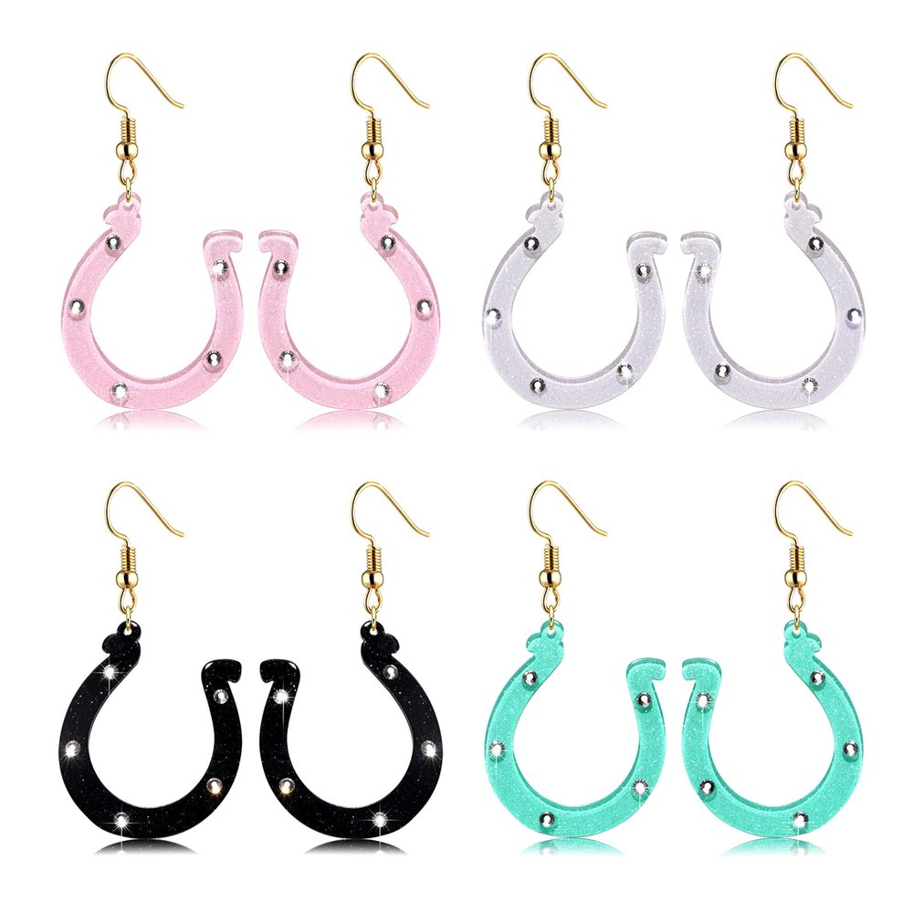 FAERLIIRY Derby Earrings Horseshoe Earrings for Women Derby Day Dangle Earrings Western Kentucky Derby Race Day Earrings Horse Racing Fan Jewelry Horse Racing Accessories, Pink & White & Blue & Black