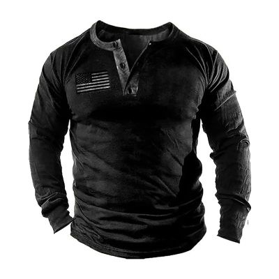 xoxingysm Mens Casual Button Long Sleeve Henley Shirts USA Flag Patriotic Tactical Military Army Training Shirts for Men Stylish Warm Athletic Hiking Tops