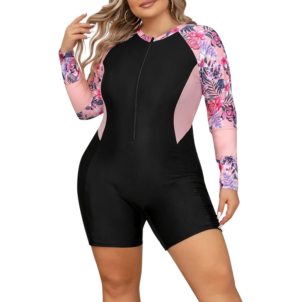 IMEKIS Plus Size Rash Guard for Women: Bathing Suit Modest One Piece Rashguard Swimsuit Boyleg Unitard UV Protection Swimwear Surfing Athletic Wetsuit Swim Body Suits Pink Floral 20