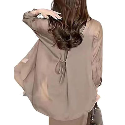 MASKSUN Summer Sunscreen Chiffon Shirt, Women's Long Sleeve Sunscreen Shirt, Lightweight Sunscreen UV Blocking Shirts (Khaki,Large)