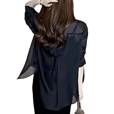 MASKSUN Summer Sunscreen Chiffon Shirt, Women's Long Sleeve Sunscreen Shirt, Lightweight Sunscreen UV Blocking Shirts (Black,3XL)