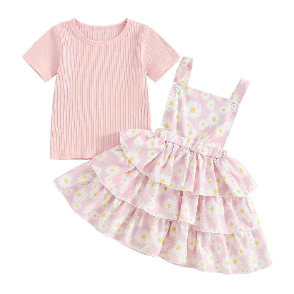 Shejingb Toddler Baby Girl Summer Clothes Kids Short Sleeve Solid T-Shirt Ruffle Daisy Skirts Overalls Dress Outfit 18M-6T (Daisy Flower Pink, 4-5 Years)