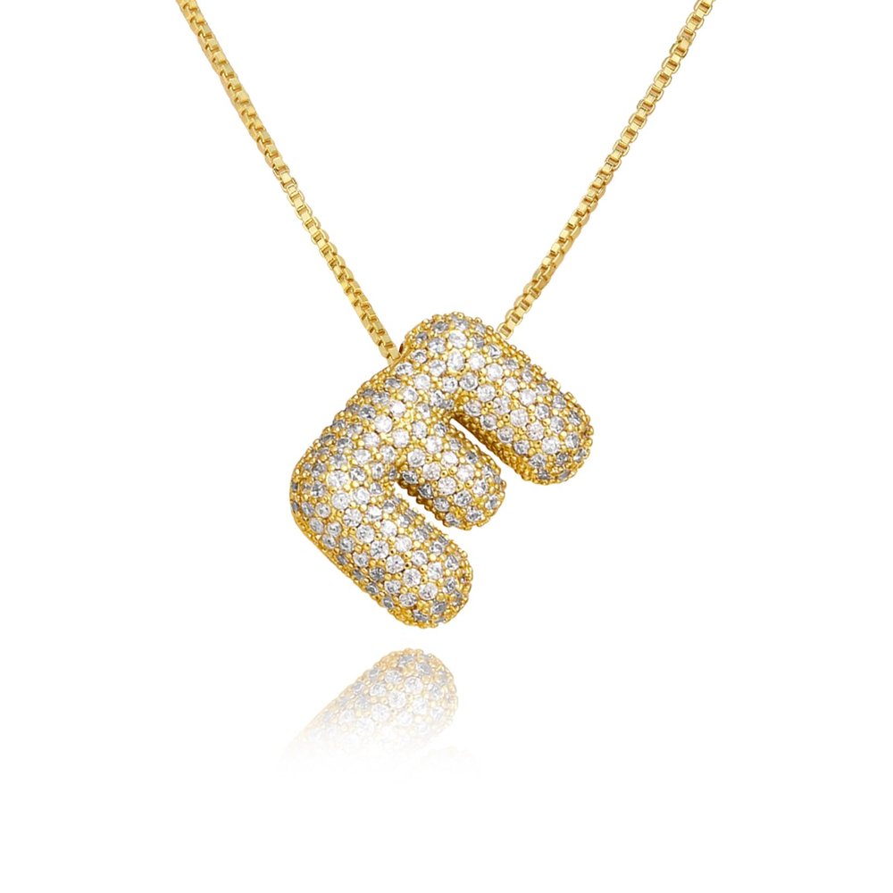 18K Bubble Letter Necklace Gold for Women, Chunky Gold Necklace Rhinestone Initial Necklaces as Christmas Birthday Gifts Charm Puff Name Pendant Alphabet Necklaces Non Tarnish Gold Plated Jewelry