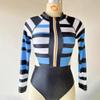 FYMNSI One Piece Bathing Suit Tummy Control Swimsuits Long Sleeve Cutout Rash Guard UV Protection Monokini High Neck Zip Front Color Block Swimwear Surfing Athletic Swim Suit Beachwear Blue Stripe XL view 4