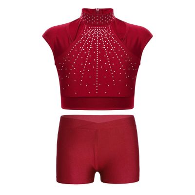 JanJean Kids Girls 2 Piece Ballet Dance Outfits Shiny Top with Booty Shorts Gymnastics Leotard Dance Tracksuit Burgundy A 6 Years