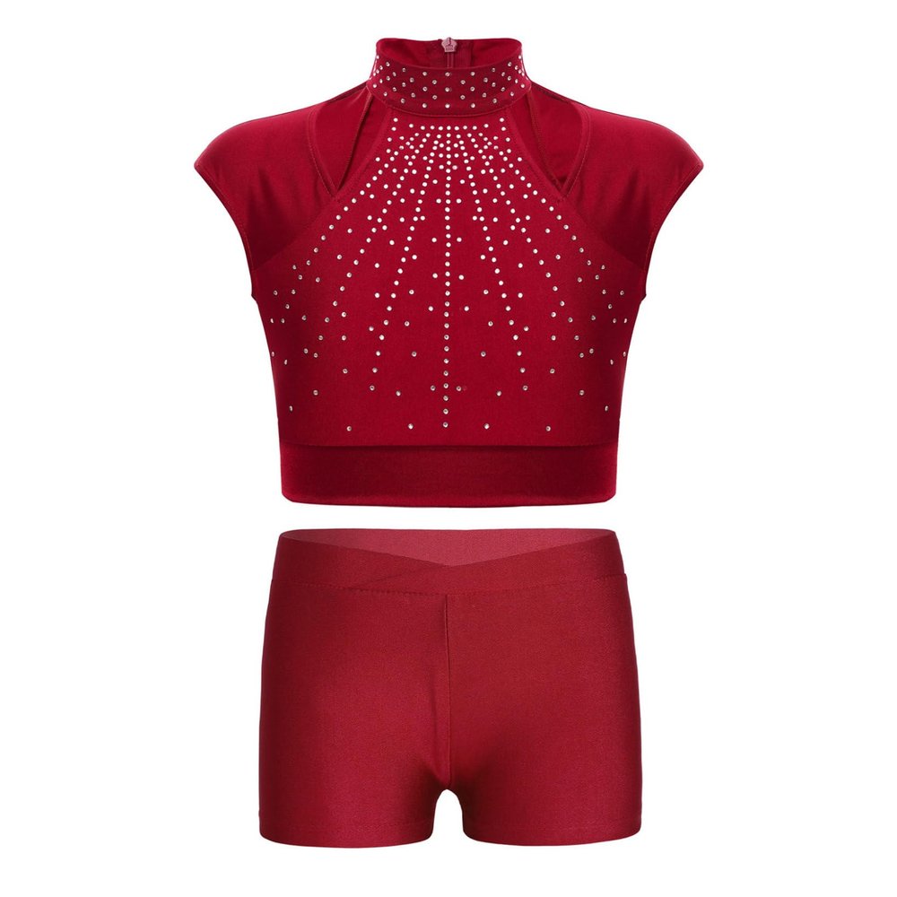 JanJean Kids Girls 2 Piece Ballet Dance Outfits Shiny Top with Booty Shorts Gymnastics Leotard Dance Tracksuit Burgundy A 6 Years