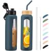 Kodrine 32oz Glass Water Bottle with Straw, Glass Drinking Bottle with 2 lids-Bamboo and Spout Lid, Leakproof Daily Water Intake Bottle with Time Marker for Home,Outdoor Sports, BPA free, Navy Blue view 1