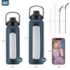 Kodrine 32oz Glass Water Bottle with Straw, Glass Drinking Bottle with 2 lids-Bamboo and Spout Lid, Leakproof Daily Water Intake Bottle with Time Marker for Home,Outdoor Sports, BPA free, Navy Blue view 4