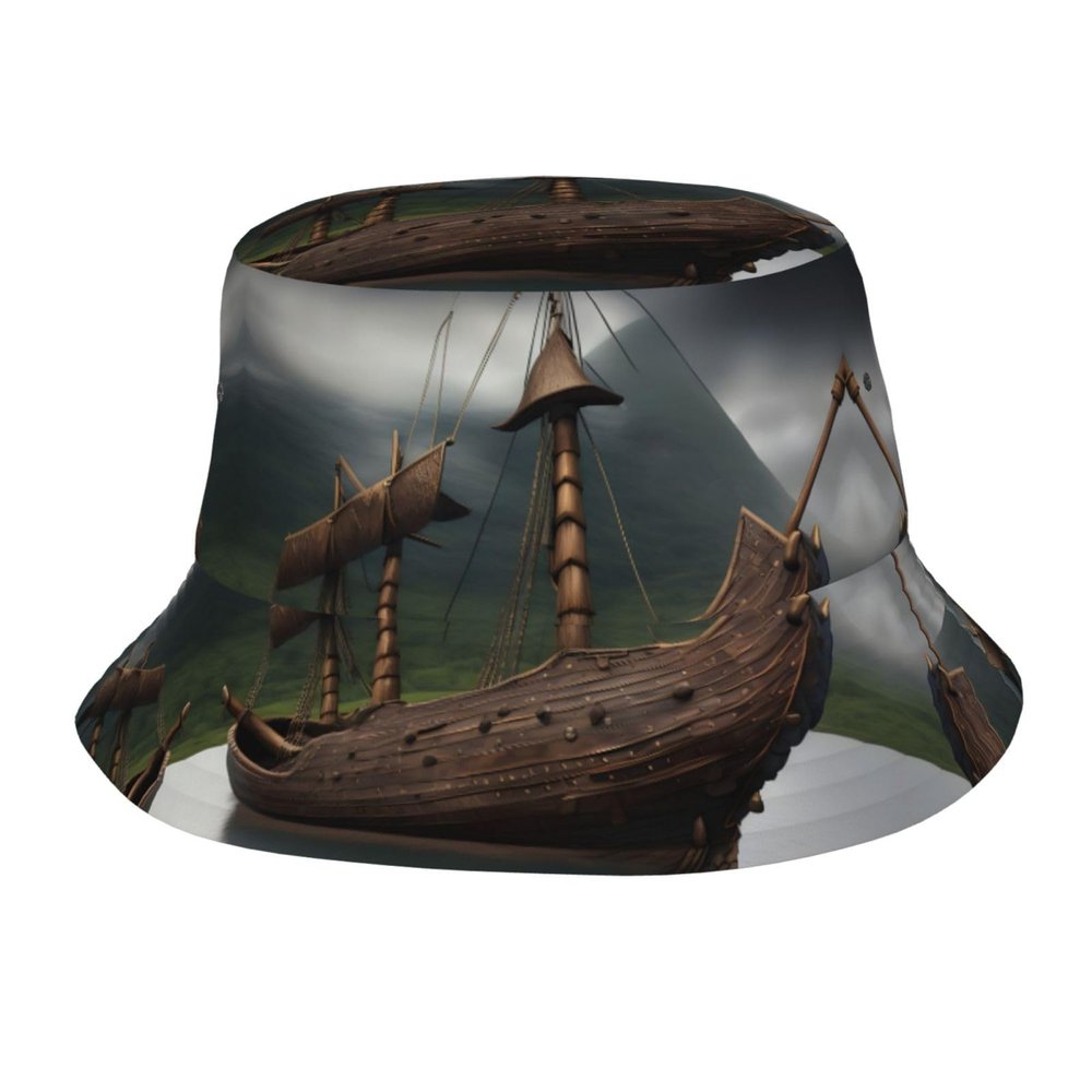 Unisex Vikings Boat Print Bucket Hat,Summer Beach Sun Hat,Foldable Fishing Hat for Men Women Teens
