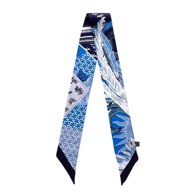JERLA 100% Mulberry silk Scarf Head Hair Ribbon Handbag Handle wrap Tie Bundle Neckerchief Scarf for women (Feather and poker blue)