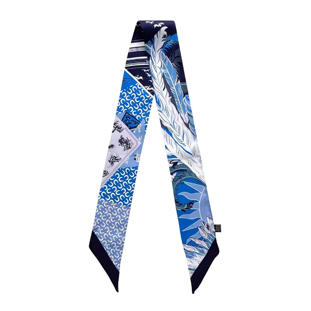 JERLA 100% Mulberry silk Scarf Head Hair Ribbon Handbag Handle wrap Tie Bundle Neckerchief Scarf for women (Feather and poker blue)
