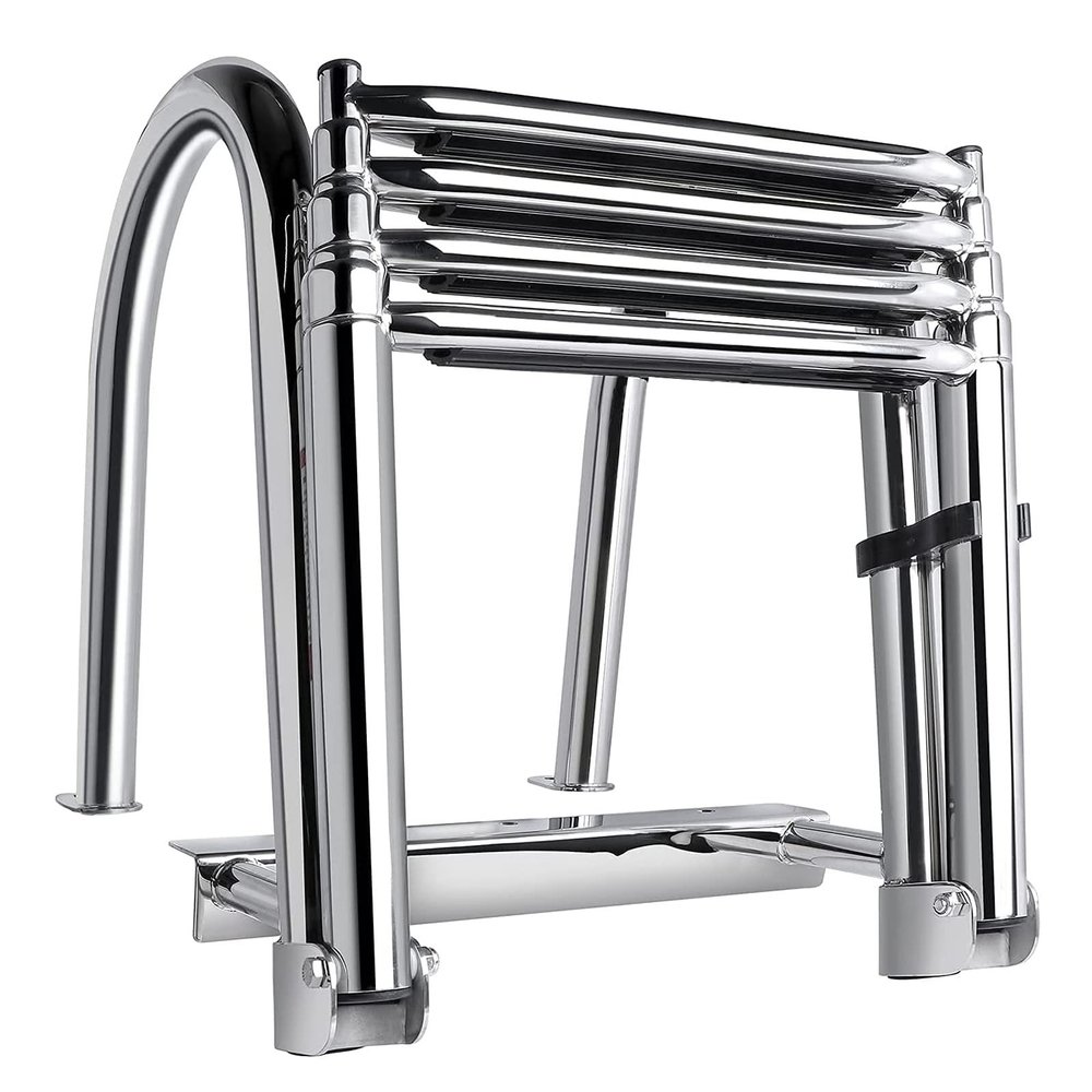 Dock Swim Step Ladder Polished Stainless Steel Pontoon Boat Ladder 4 Steps Fold Up, Floating Dock/Skiff/Inboard Boarding Ladders with Handrails, Slip-Proof Tread