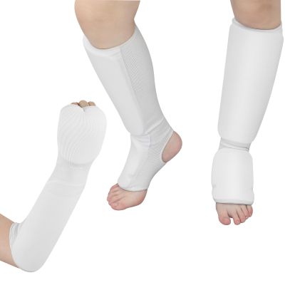 Cozypower 2 Pairs Taekwondo Kids Shin Instep Guard and Fist Forearm Sparring White Foot Protective Gear Protector Hand Padded Arm Sleeves for Sparring Martial Arts MMA Karate Muay Thai(Medium)