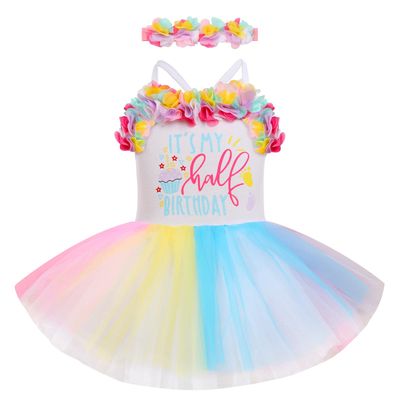 1/2 Birthday Girl Outfit, Infant Half Way to One Party Dress It's My Half Birthday Outfits Girls Princess Tutu Rainbow Tulle Romper Dresses 6 Months Photoshooting Summer Casual Colorful 3-6 Months