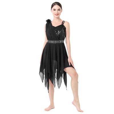 AFAVOM Women's Lyrical Dance Costume Sleeveless Sequin Flower Lyrical Dance Dress Asymmetric Flowy Mesh Chiffon Skirt Contemporary Dance Costumes Ballet Leotard Dancewear Black - Handkerchief L