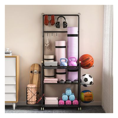 Garage Sports Equipment Organizer Ball Storage Rack With Basket/Wheels/Hooks Dumbbell Yoga Mat Basketball Storage Sports Gym Mobile Organizer Indoor/Outdoor Sports Rack (Color : Black, Size : Large