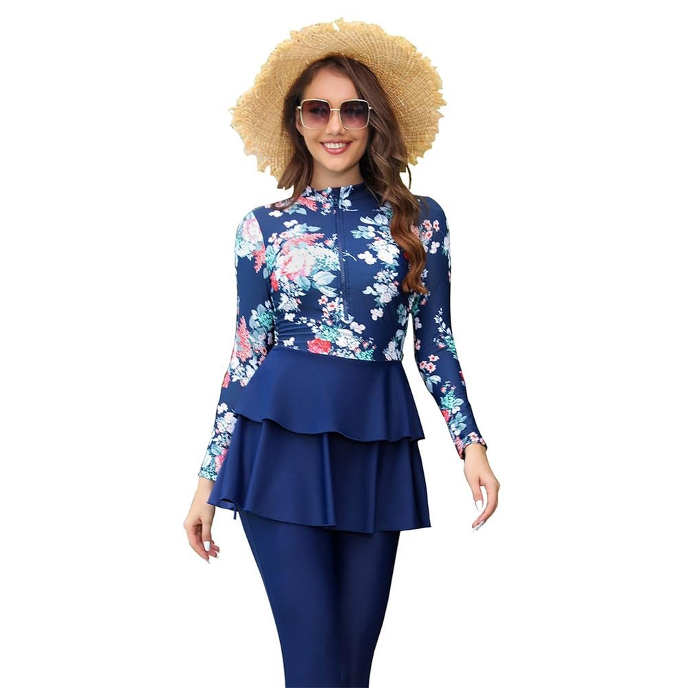 AWIBMK Women's Muslim Swimwear Long Sleeve Floral Print Ruffle Top Swim Pants Suit Modest Islamic Hijab Burkini Full Cover Swimsuit Ladies Beachwear Swimming Rash Guard A# Blue Flower XL