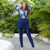 AWIBMK Women's Muslim Swimwear Long Sleeve Floral Print Ruffle Top Swim Pants Suit Modest Islamic Hijab Burkini Full Cover Swimsuit Ladies Beachwear Swimming Rash Guard A# Blue Flower XL view 2