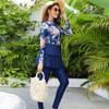 AWIBMK Women's Muslim Swimwear Long Sleeve Floral Print Ruffle Top Swim Pants Suit Modest Islamic Hijab Burkini Full Cover Swimsuit Ladies Beachwear Swimming Rash Guard A# Blue Flower XL view 3