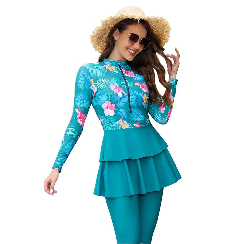 Women's Muslim Swimwear Long Sleeve Floral Print Ruffle Top Swim Pants Suit Modest Islamic Hijab Burkini Full Cover Swimsuit Ladies Beachwear Swimming Rash Guard A# Green Flowers 3XL