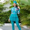 Women's Muslim Swimwear Long Sleeve Floral Print Ruffle Top Swim Pants Suit Modest Islamic Hijab Burkini Full Cover Swimsuit Ladies Beachwear Swimming Rash Guard A# Green Flowers 3XL view 2