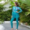 Women's Muslim Swimwear Long Sleeve Floral Print Ruffle Top Swim Pants Suit Modest Islamic Hijab Burkini Full Cover Swimsuit Ladies Beachwear Swimming Rash Guard A# Green Flowers 3XL view 3