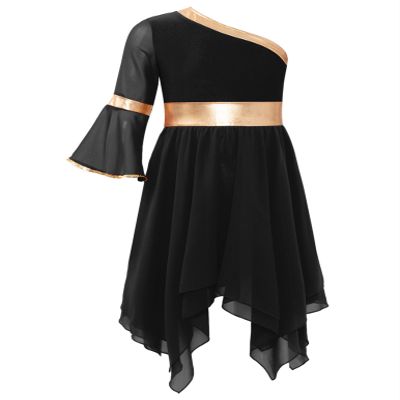 YOOJOO Child Asymmetrical Praise Dance Tunic for Girls Color Block Praise Liturgical Lyrical Dance Dress G2201Black 6 Years