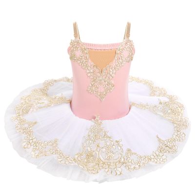 Girls Ballet Flat Tutu Pancake Dance Skirt, Kids Professional Swan Lake Ballet Dance Leotards Hard Organdy Platter Performance Leotard Dress Stage Performance Dancewear Ballerina Pink 4-5Y
