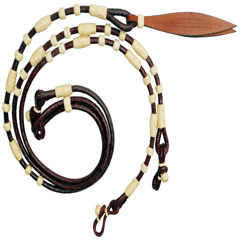 WeavingCraft Hand-Braided Chestnut/Cherry Rawhide Rope Romal Reins with Plain Natural Leather Knots- Premium Horse Tack for Ranch Riding