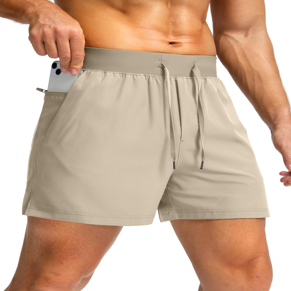 Soothfeel Men's Running Shorts with Zipper Pockets 9"/ 7"/ 5" Lightweight Quick Dry Basketball Gym Workout Athletic Shorts for Men (Khaki, L)