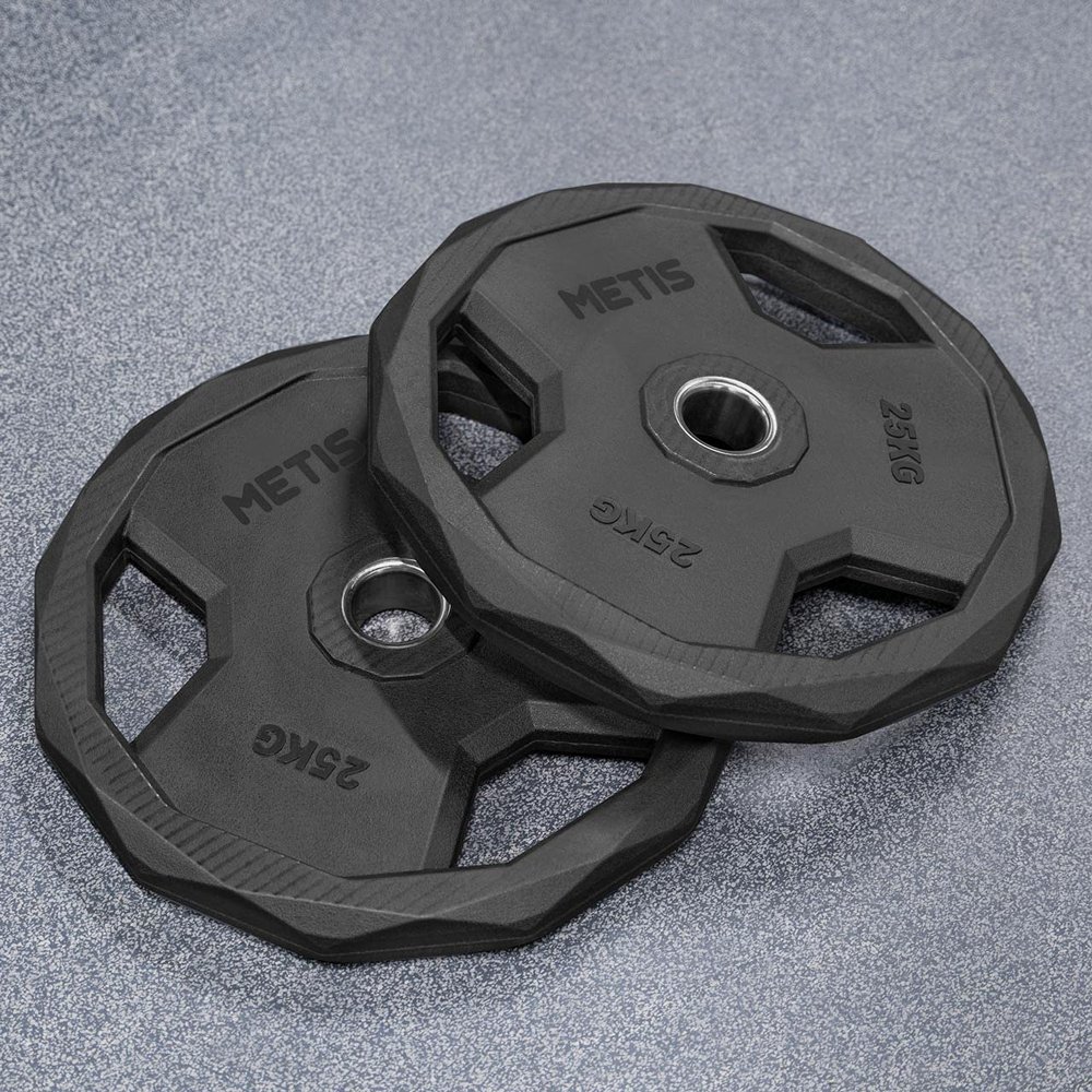 METIS Olympic Barbell Weight Plates - Compatible with Olympic Bar Sleeves for Optimum Fitness Routine | Available in 5 Different Sizes & 4 Weight Sets (55lbs)
