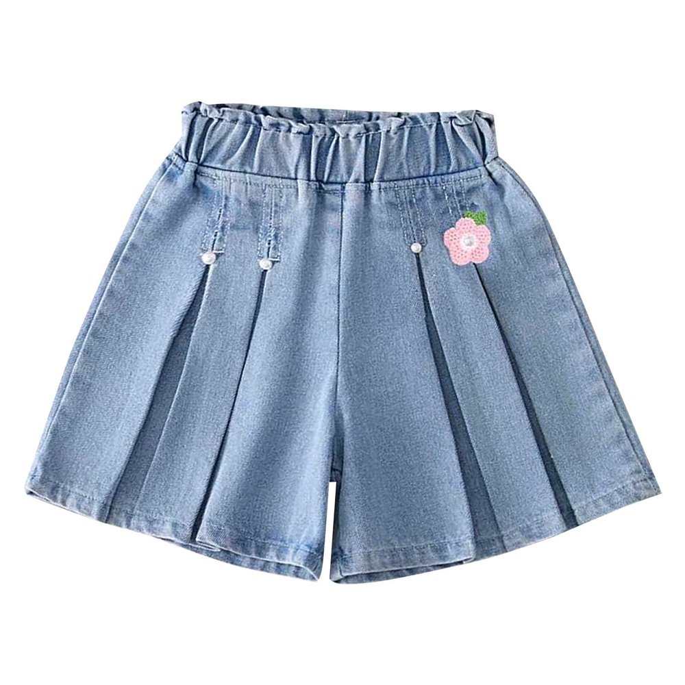 NineFit Basics Girls Flower Ruffle Hem Denim Pleated Flared Casual Shorts Flowy Skirt Gymnastics Shorts for Little (Pink, 6-7 Years)