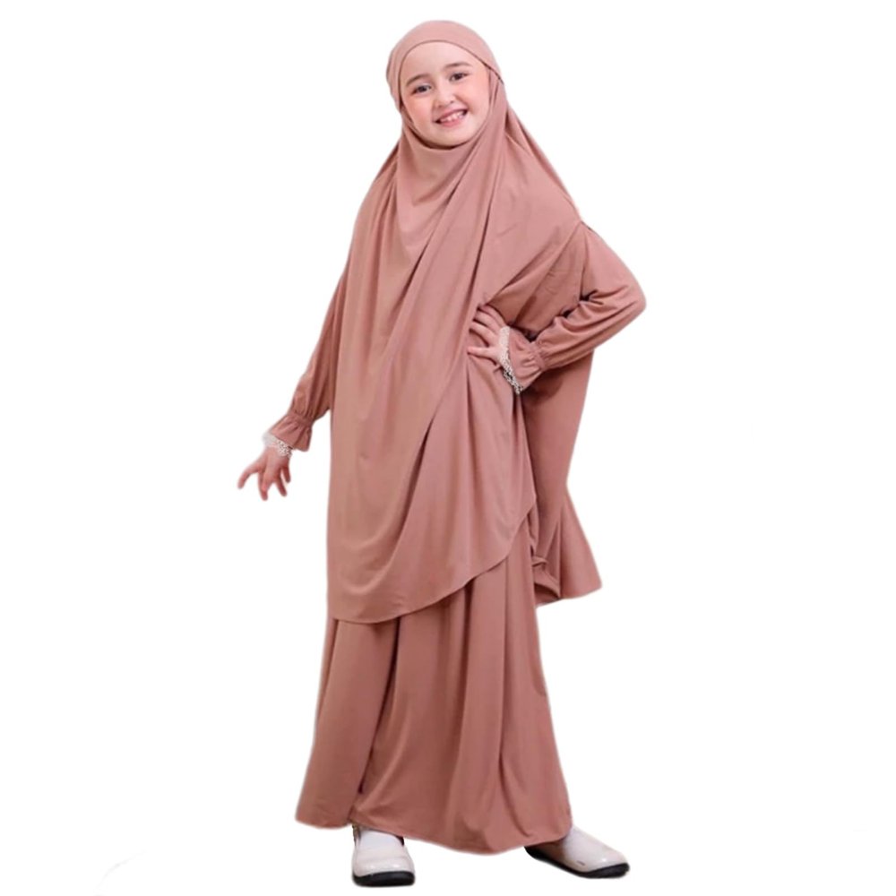 Abayas for Girls Abaya Two-piece Muslim Long Sleeve Arabian Robe Ramadan Maxi Dresses and Full Cover Lace Hijab Kids Dubai Turkey Kaftan Prayer Dress Modest Islamic Casual Clothes Orange Pink 5-6 T
