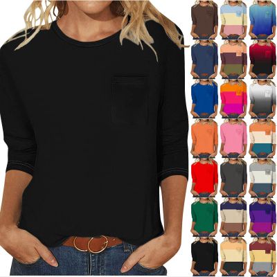 3/4 Length Sleeve Womens Tops Summer Crew Neck Cute Cotton Shirt Solid Color Loose Tunic Tops Blouses with Pockets