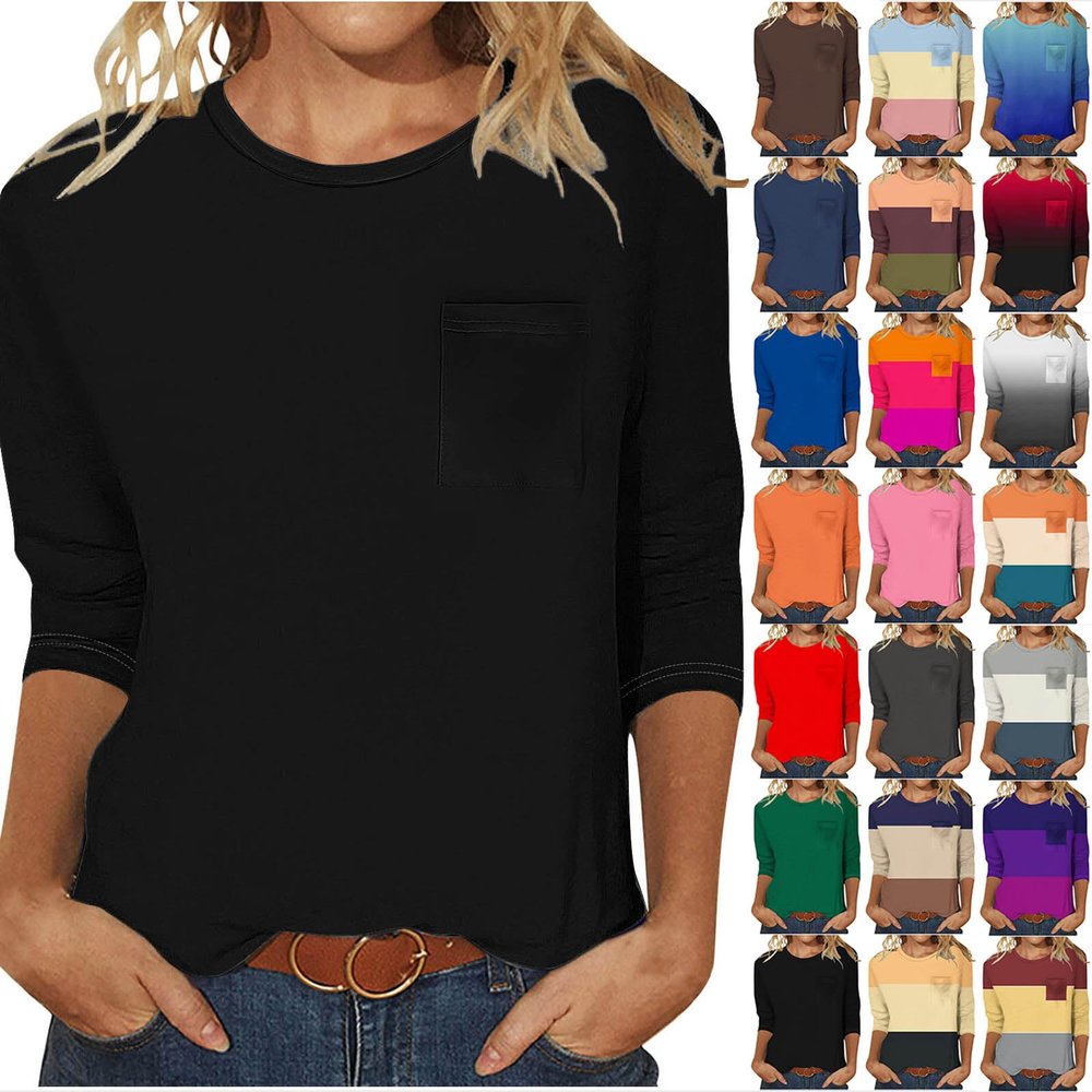 3/4 Length Sleeve Womens Tops Summer Crew Neck Cute Cotton Shirt Solid Color Loose Tunic Tops Blouses with Pockets