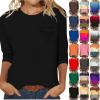 3/4 Length Sleeve Womens Tops Summer Crew Neck Cute Cotton Shirt Solid Color Loose Tunic Tops Blouses with Pockets view 1