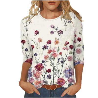 3/4 Sleeve Tunic Tops for Women Vintage Floral Print Blouse Crew Neck Summer Casual Tops Loose Fit Shirt
