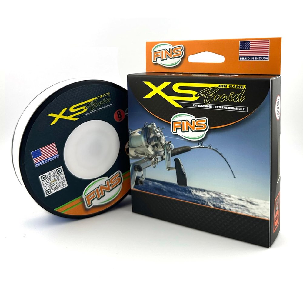 FINS XS Big Game Braid - USA Made - 8-End Round Abrasion Resistant Braided Fishing Line for Freshwater/Saltwater Trolling and Bottom Fishing - White - 100 lb - 1500 Yds