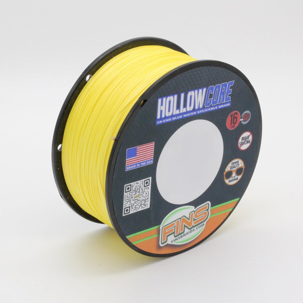 FINS Hollow Core Braided Fishing Line - USA Made, Spliceable Braid for Bluewater Angling, Superior Knotless Leader Transition - 16-Strand for Increased Reel Capacity - Yellow - 80 lb - 100 Yds