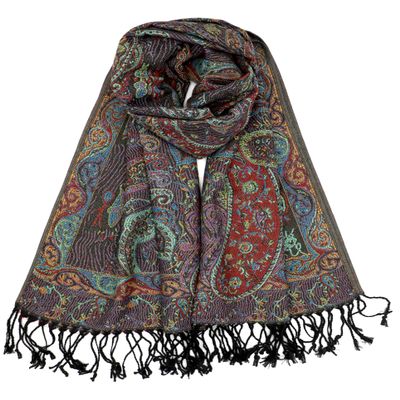 Achillea Soft Silky Reversible Paisley Pashmina Shawl Wrap Scarf w/Fringes (Tapestry Black)