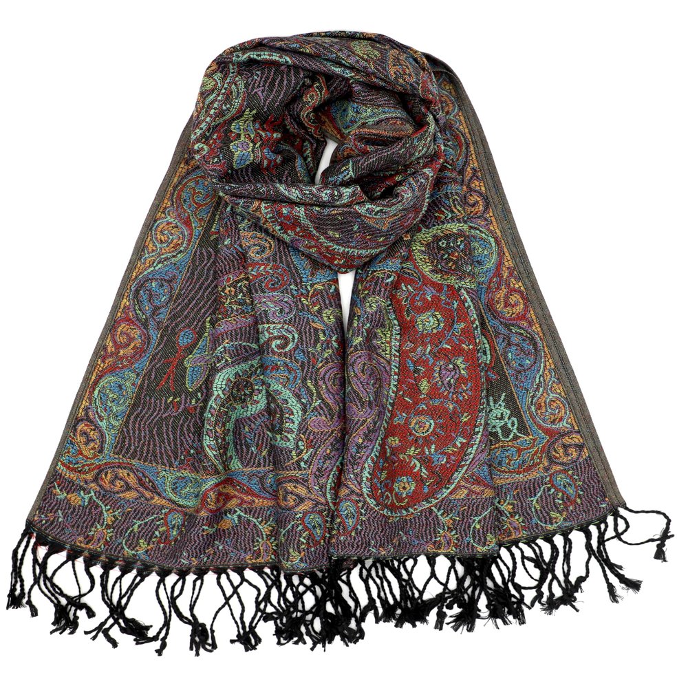 Achillea Soft Silky Reversible Paisley Pashmina Shawl Wrap Scarf w/Fringes (Tapestry Black)